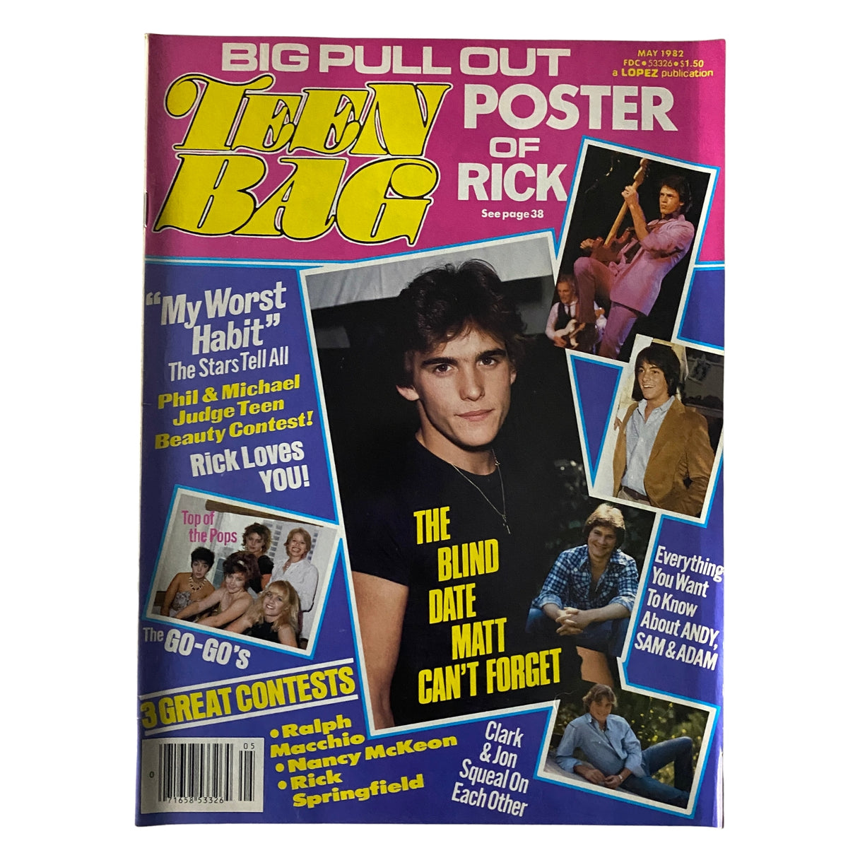 Teen Bag Magazine May 1982 featuring Rick Springfield and Matt Dillon on the cover, with headlines highlighting articles such as 'My Worst Habit', 'The Blind Date Matt Can't Forget', and contests, along with a pull-out poster of Rick Springfield.