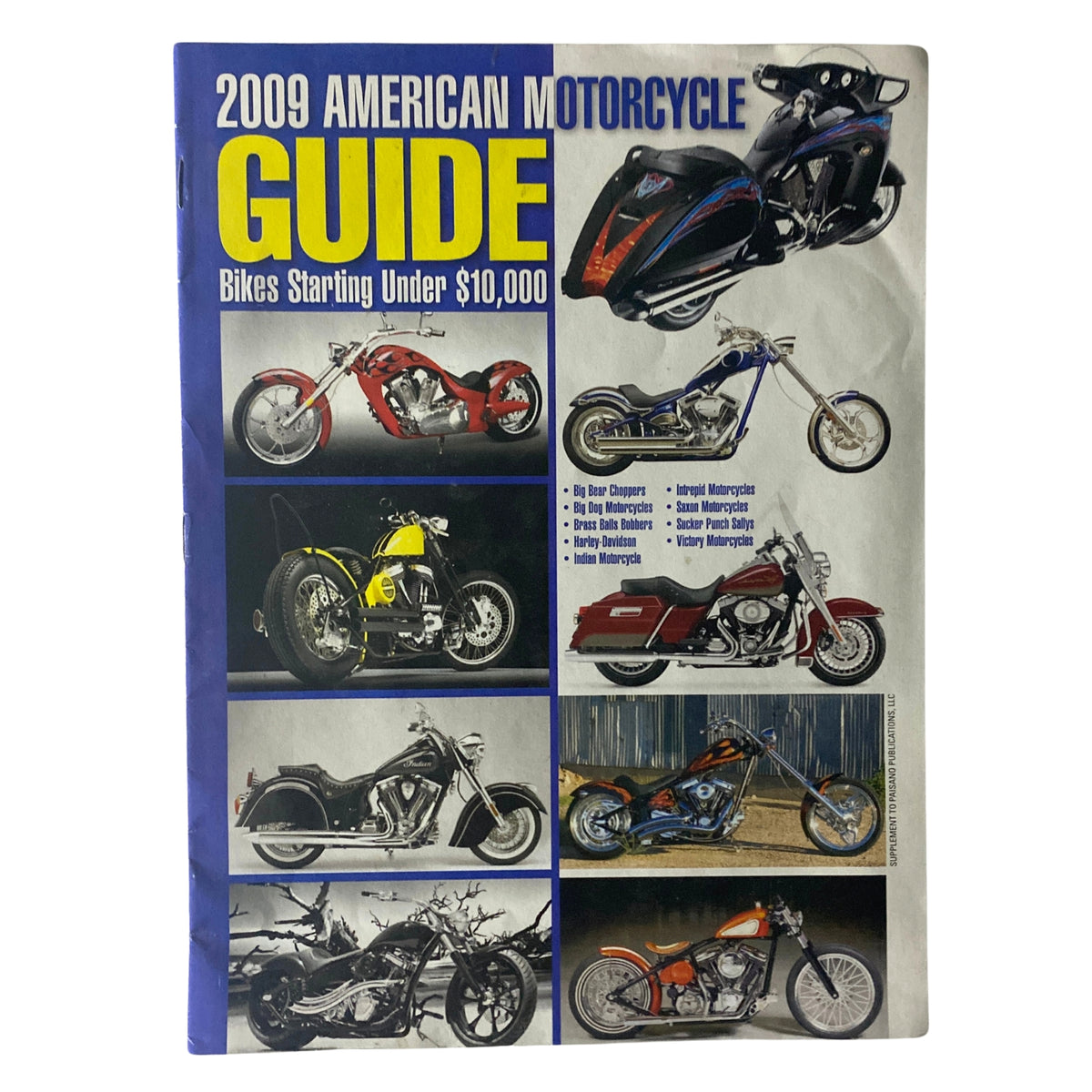 2009 American Motorcycle Guide showcasing various motorcycle models including choppers, cruisers, and touring bikes, highlighting bikes starting under $10,000.