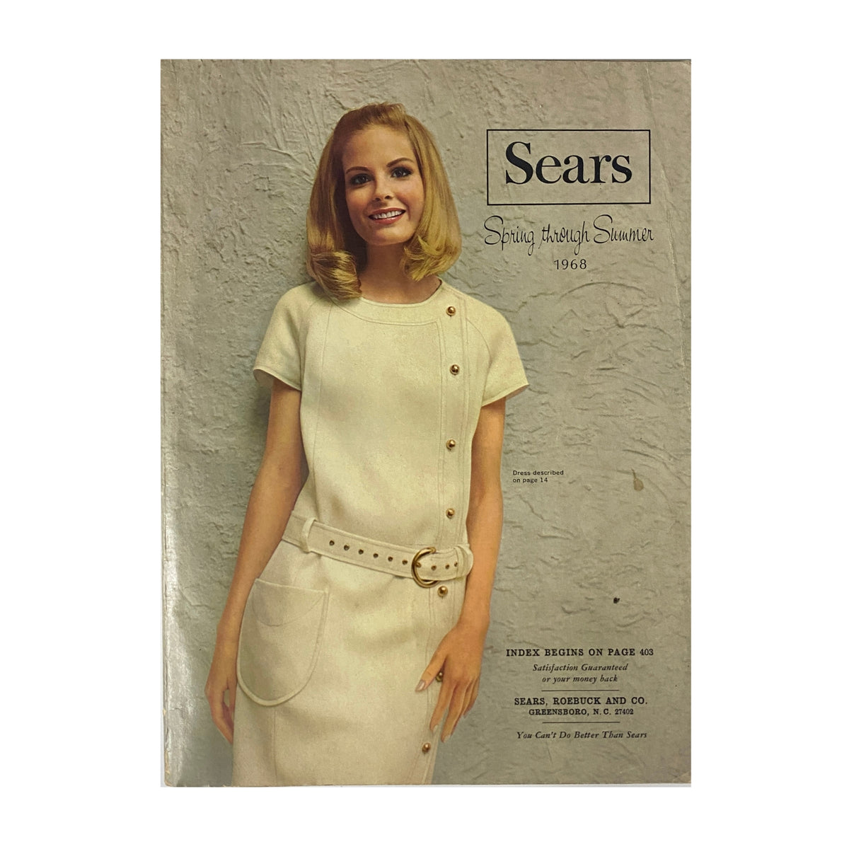1968 Sears Spring Through Summer Catalog cover featuring a model in a stylish cream dress, showcasing vintage fashion trends from the late 1960s.
