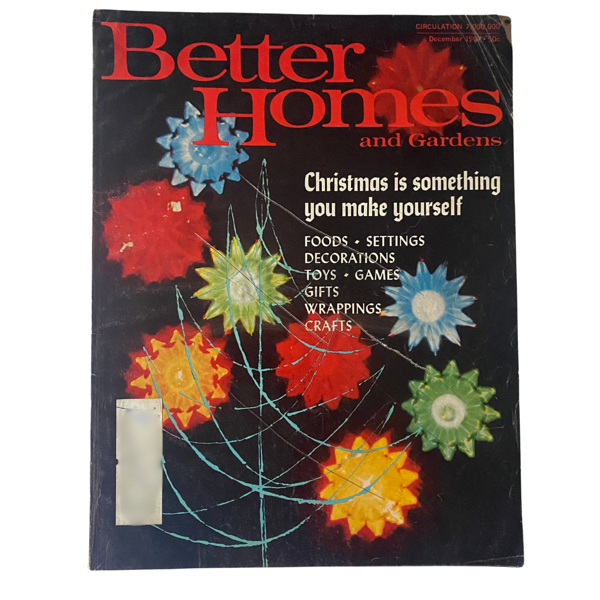 Cover of Better Homes & Gardens Magazine December 1967 featuring the theme 'Green, Growing Gifts' with a colorful holiday design.