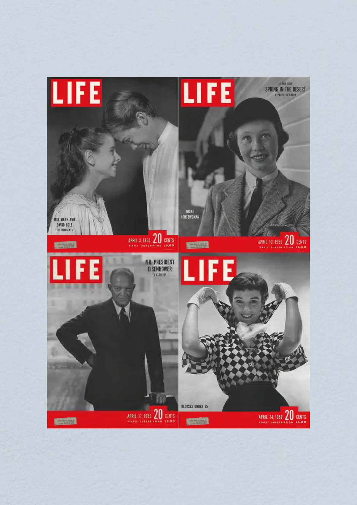 Life Magazine Lot of 4 Full Month of April 1950 featuring covers from April 3, 10, 17, and 24 showcasing cultural moments from the era.