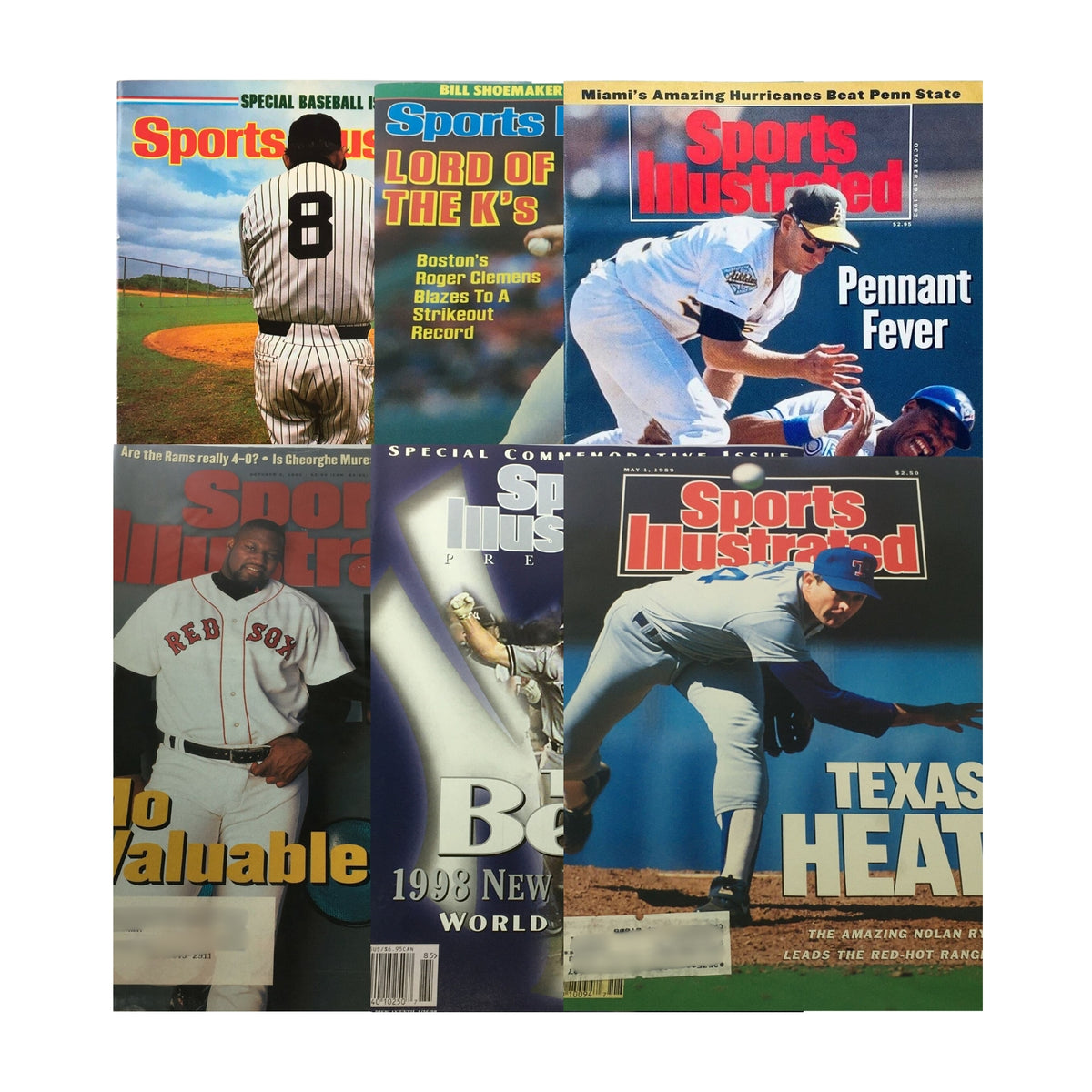 Lot of 6 1980s-1990s Baseball Sports Illustrated Magazine Yogi Berra featuring covers of notable baseball figures and historic MLB moments.