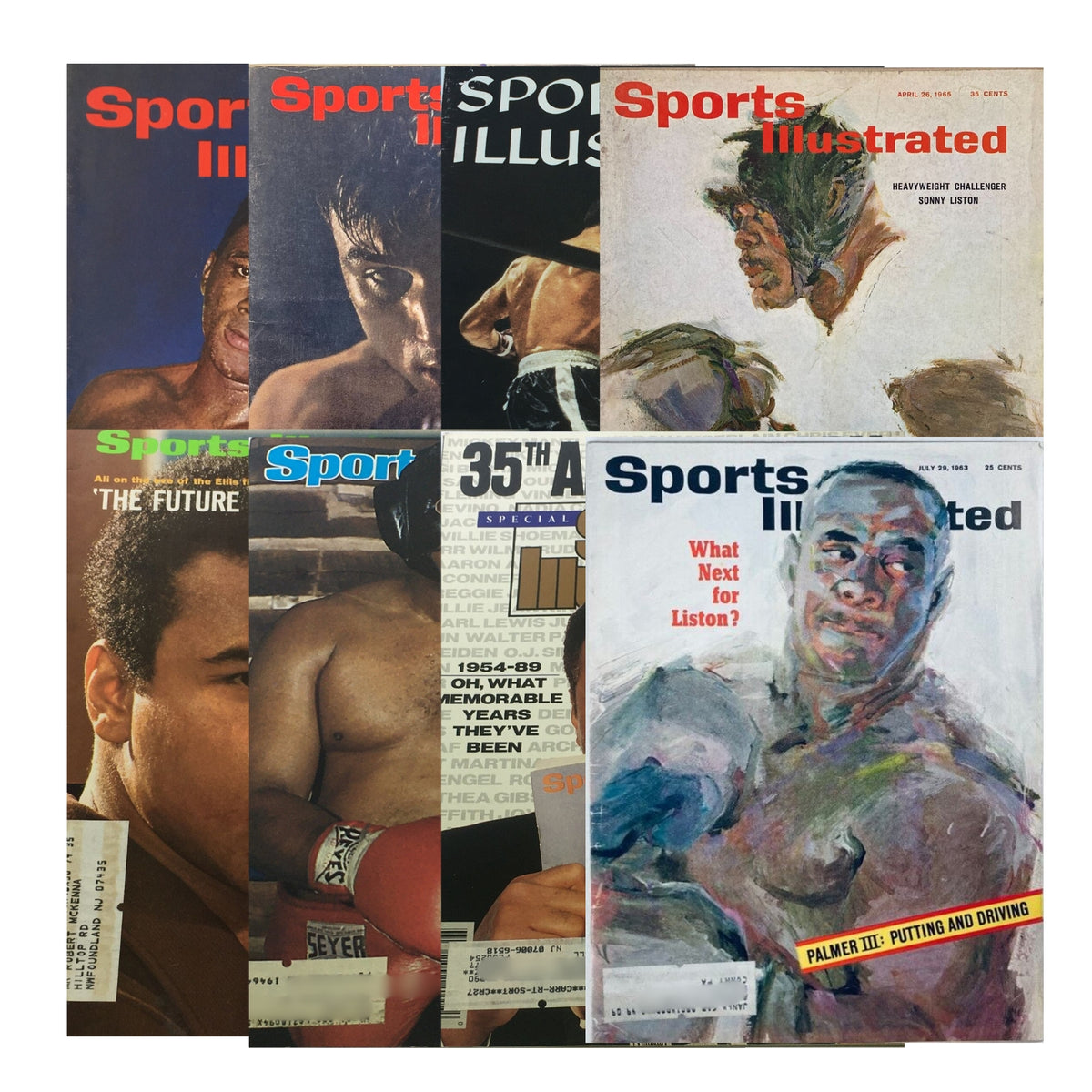 Collection of Sports Illustrated magazines from the 1950s to 1980s, featuring boxing legends such as Muhammad Ali and Sonny Liston. Part of the lot titled 'Lot of 8 1950s-1980s Sports Illustrated Magazine Boxing Collection ALI Liston'.
