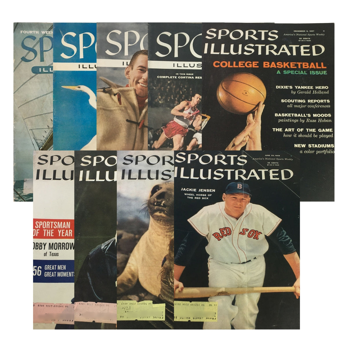 Lot of 9 1950s Sports Illustrated Magazine Collection showcasing covers from iconic issues including college basketball, yacht racing, and sports legends like Jackie Jensen and Bobby Morrow.