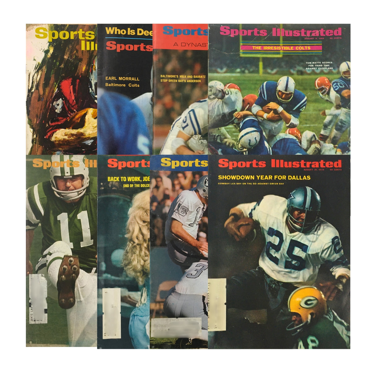 Lot of 8 1960s-1970s Sports Illustrated Magazine NFL Collections featuring classic covers and iconic football moments.