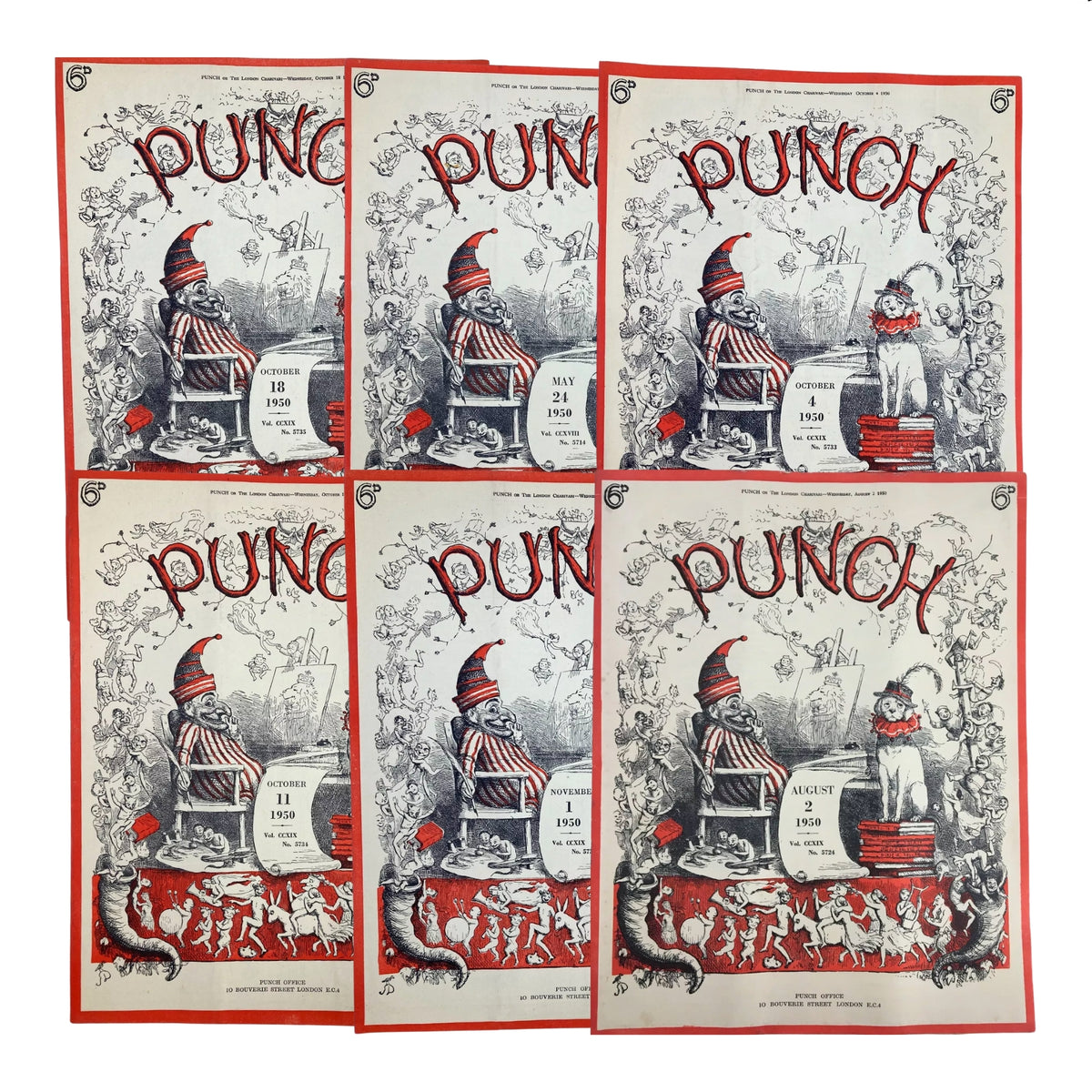 Vintage British satire collection featuring a lot of 6 Punch magazines from 1950, showcasing iconic covers with humorous illustrations and political commentary.