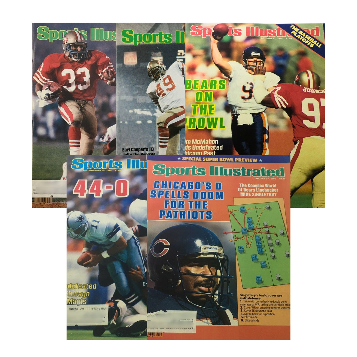 Lot of 5 1980s Sports Illustrated magazines featuring NFL legends, including Roger Craig, Jim McMahon, and more, highlighting key moments and games from the Super Bowl XIX era.