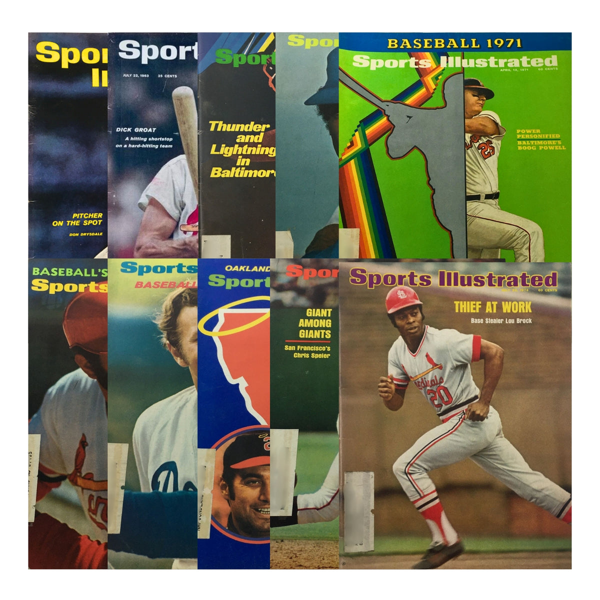 Lot of 10 1960s-1970s Baseball Stars Sports Illustrated Magazine covers showcasing iconic players like Don Drysdale, Lou Brock, and more. Ideal for collectors and fans of classic baseball.