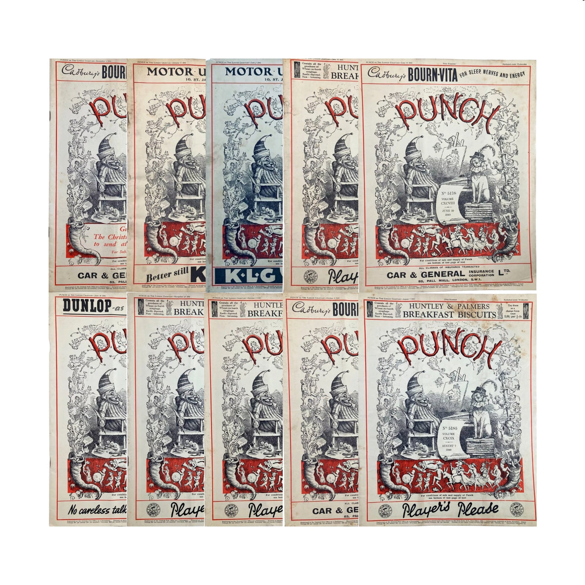 Lot of 10 Punch Magazines (1940) featuring vibrant covers with illustrations from the WWII era, showcasing British satire and cartoons.