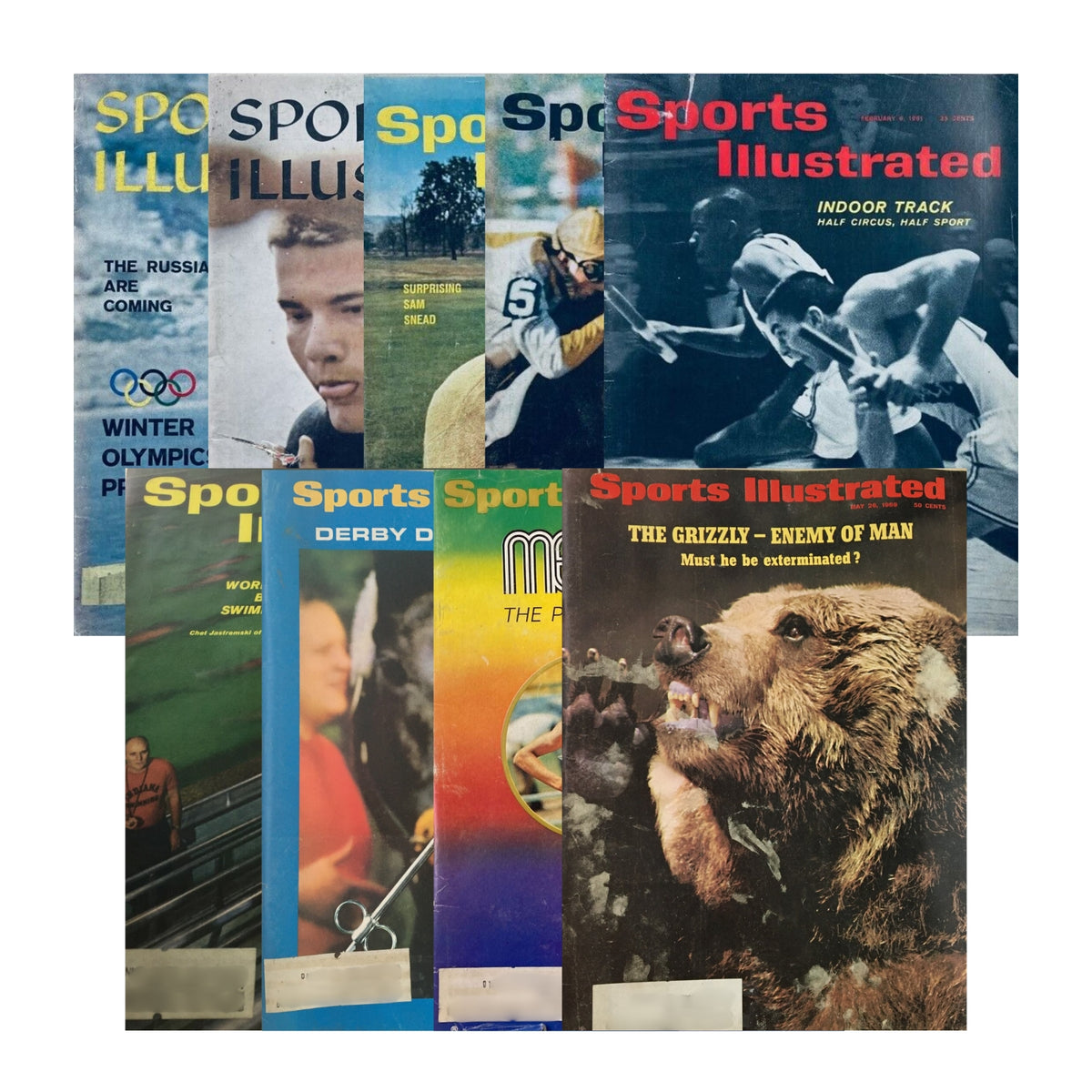 Lot of 9 1960s Sports Illustrated Magazine Miscellaneous Collection featuring diverse covers representing sports events, athletes, and cultural highlights from the iconic decade.