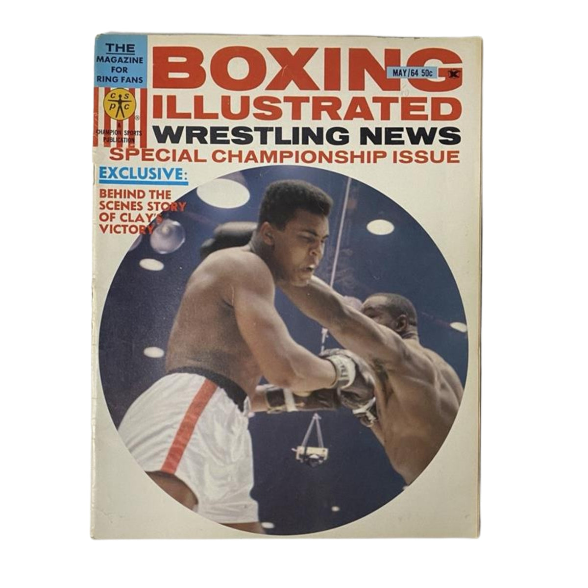 Boxing Illustrated Magazine May 1964 cover featuring Muhammad Ali in action, highlighting his boxing triumph.