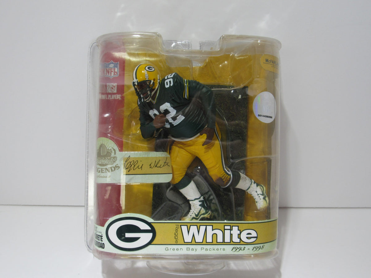 McFarlane NFL Reggie White Green Bay Packers Action Figure in original packaging, showcasing vibrant Packers colors and intricate details.