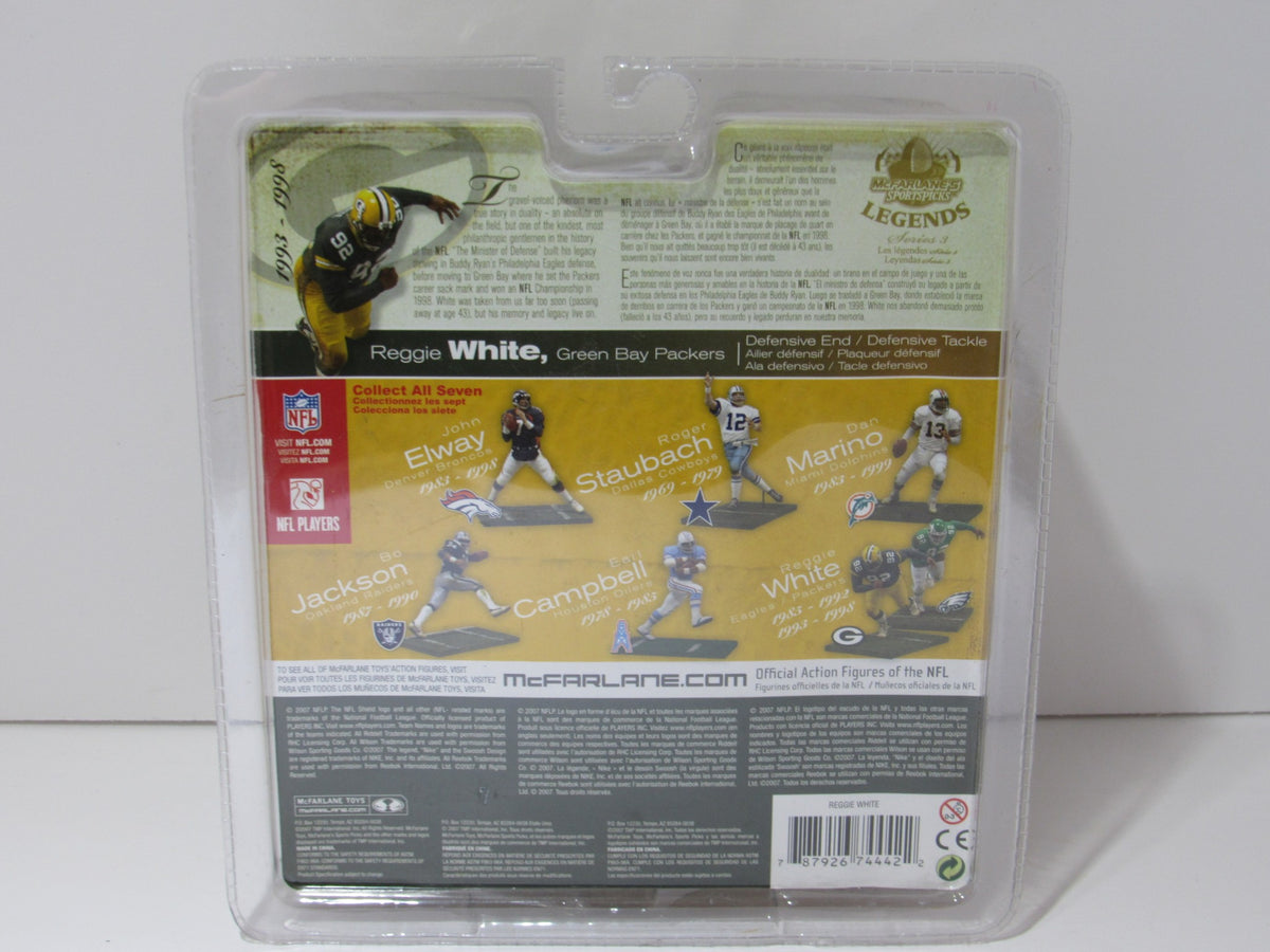 Back view of the McFarlane NFL Reggie White Green Bay Packers Action Figure packaging, featuring information about the collectible series and other figures.