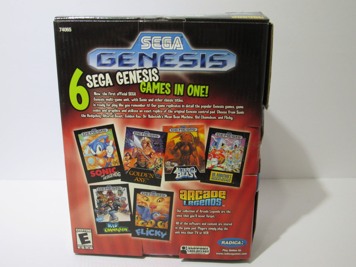 Back view of the Sega Genesis Radica Plug and Play 6 Games-In-One box displaying listed games including Sonic and Golden Axe, with product details.