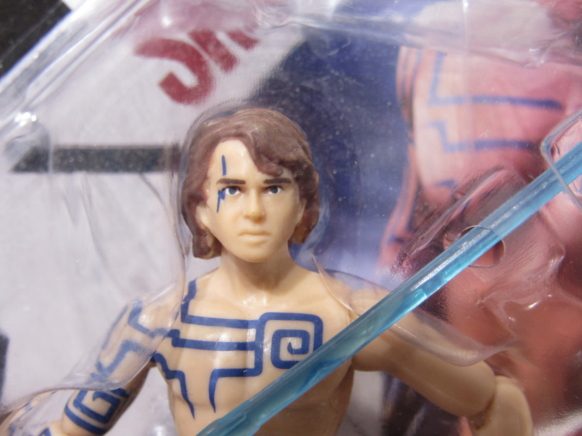 Close-up view of Star Wars Anakin Skywalker Clone Wars action figure, highlighting detailed facial features and tattoos.