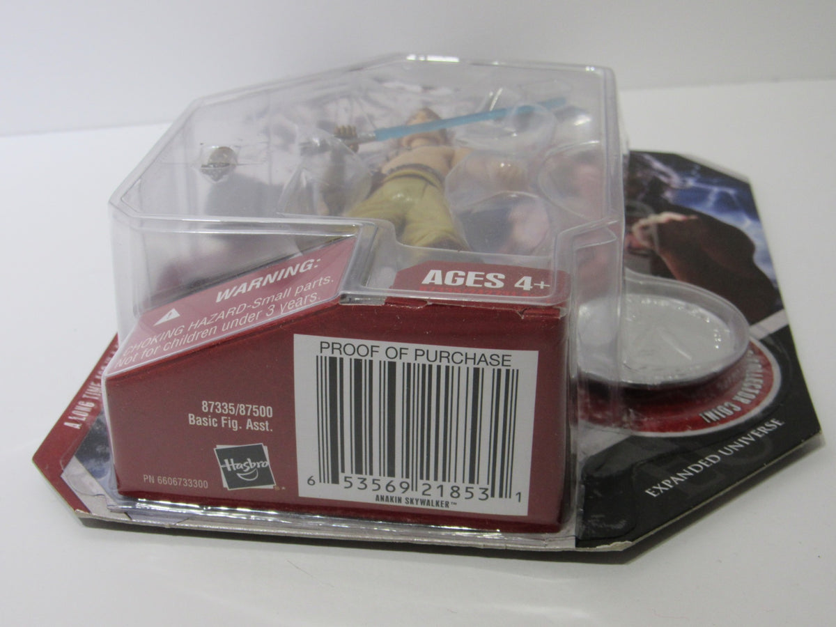 Side view of Star Wars Anakin Skywalker action figure packaging, showing the warning label and proof of purchase details.