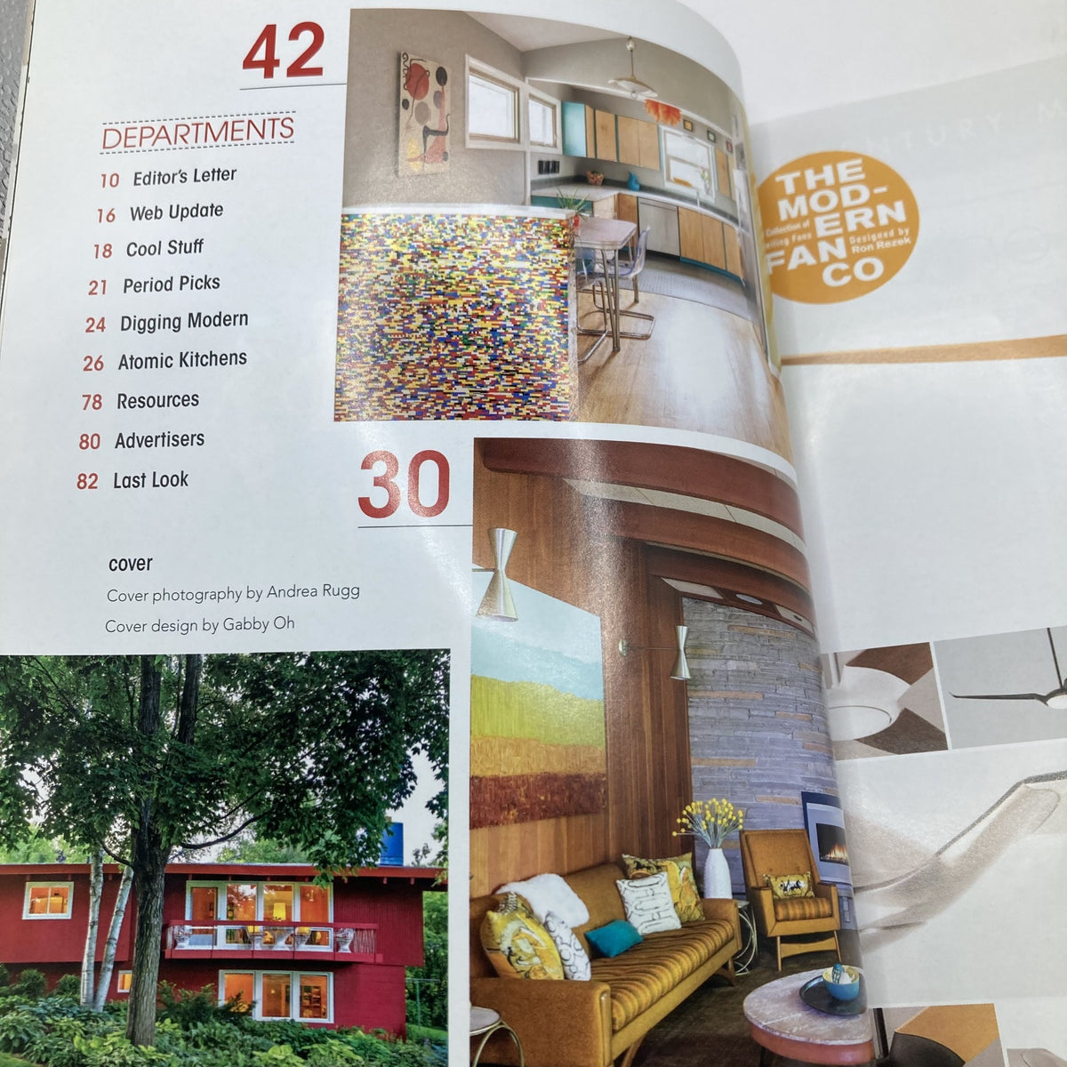 Interior page of Atomic Ranch Magazine Winter 2017 showcasing contents and section details related to mid-century modern architecture and design.