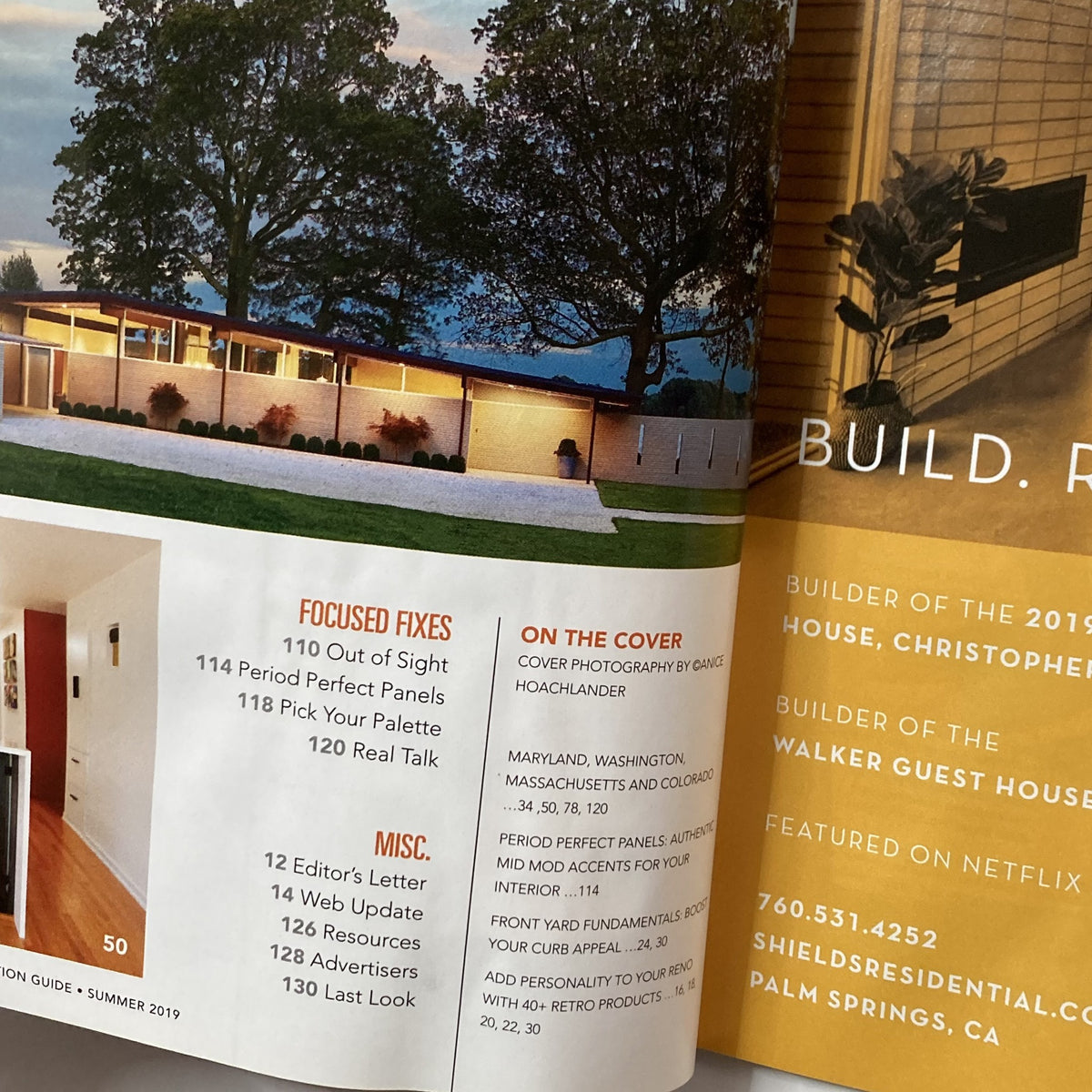 Publication details page from Atomic Ranch Magazine Summer 2019 revealing focused features like 'Out of Sight Period Perfect Panels' and insights on contemporary renovations.