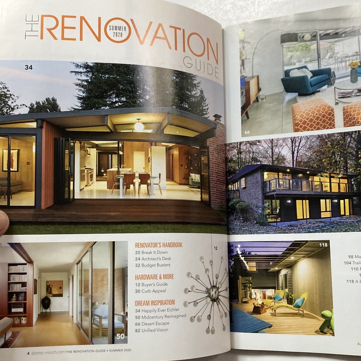 Interior pages of Atomic Ranch Magazine Summer 2020 The Renovation Guide showcasing designs and layouts of mid-century homes, including a renovator's handbook and inspiring renovation ideas.