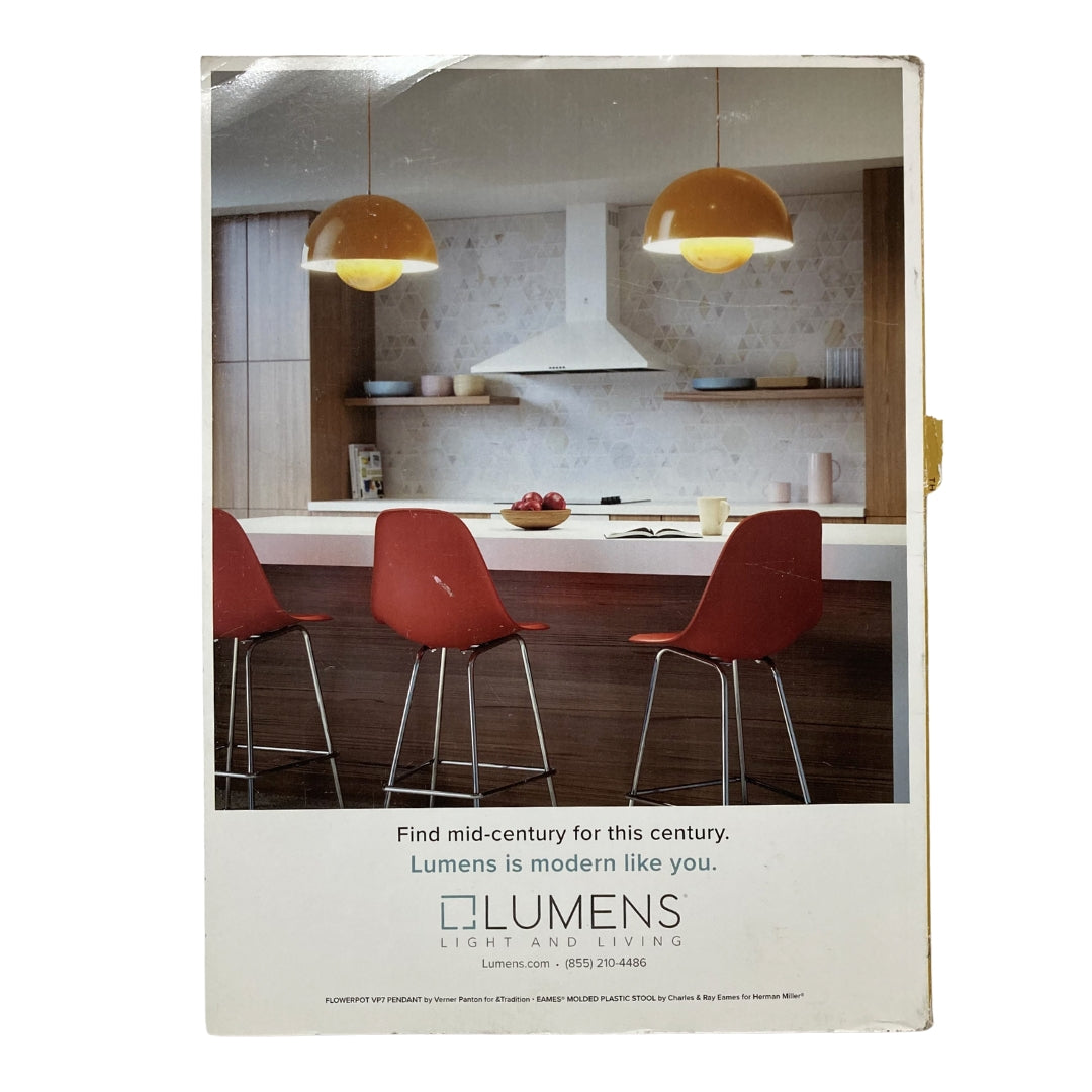 Back cover of the Atomic Ranch Magazine Design Issue 2021 showcasing a modern kitchen with mid-century design elements, highlighting Lumens Light and Living's contemporary lighting solutions.