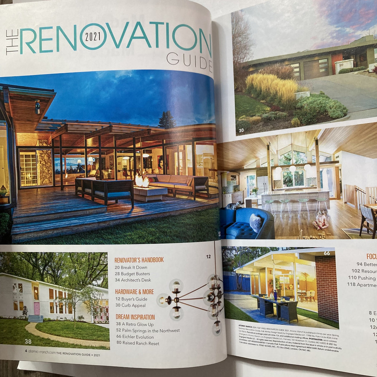 Interior pages from Atomic Ranch Magazine 2021 The Renovation Guide Retro Rescues showcasing renovation tips, stunning home photos, and design ideas for modern kitchens and baths.