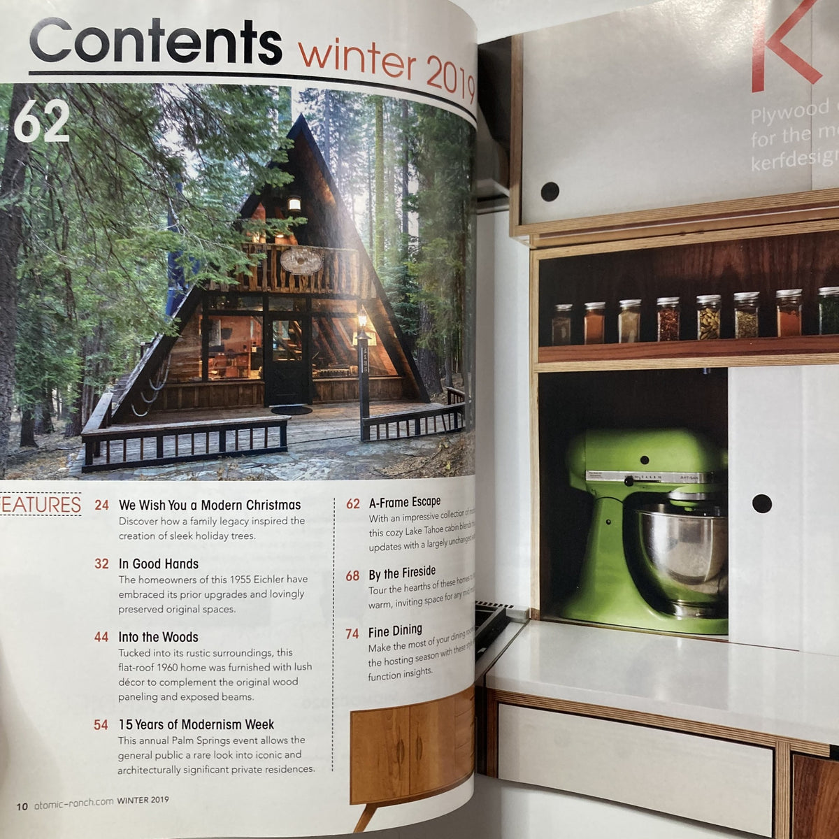 Table of contents page from Atomic Ranch Magazine Winter 2019, highlighting features such as 'We Wish You A Modern Christmas' and 'A-Frame Escape'.