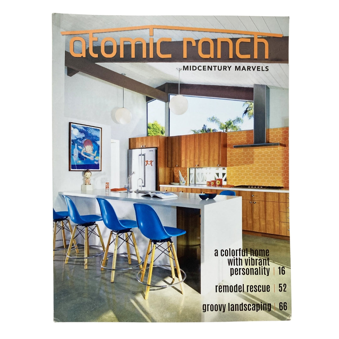 Atomic Ranch Magazine Spring 2016 cover showcasing modern kitchen interior design with blue chairs, highlighting mid-century architecture and vibrant aesthetics.