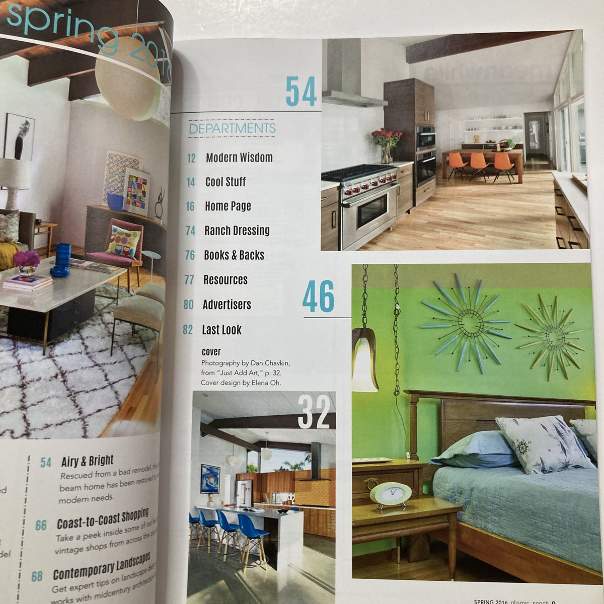 Department overview in Atomic Ranch Magazine Spring 2016 featuring images of contemporary landscapes, modern kitchen, and detailed sections like Resources and Advertisers.