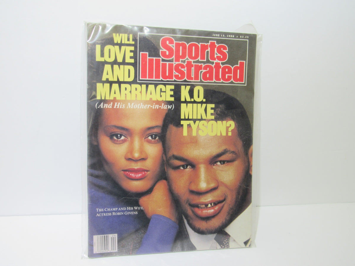 Sports Illustrated cover from June 13, 1988, featuring Mike Tyson and Robin Givens, highlighting their marriage and the headline 'Will Love and Marriage (And His Mother-in-Law) K.O. Mike Tyson?'. The magazine is in mint condition.