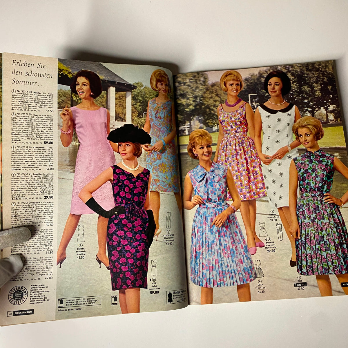 Interior spread of the 1965 Neckermann Summer Catalog featuring stylish summer dresses on models, highlighting vibrant patterns and designs.