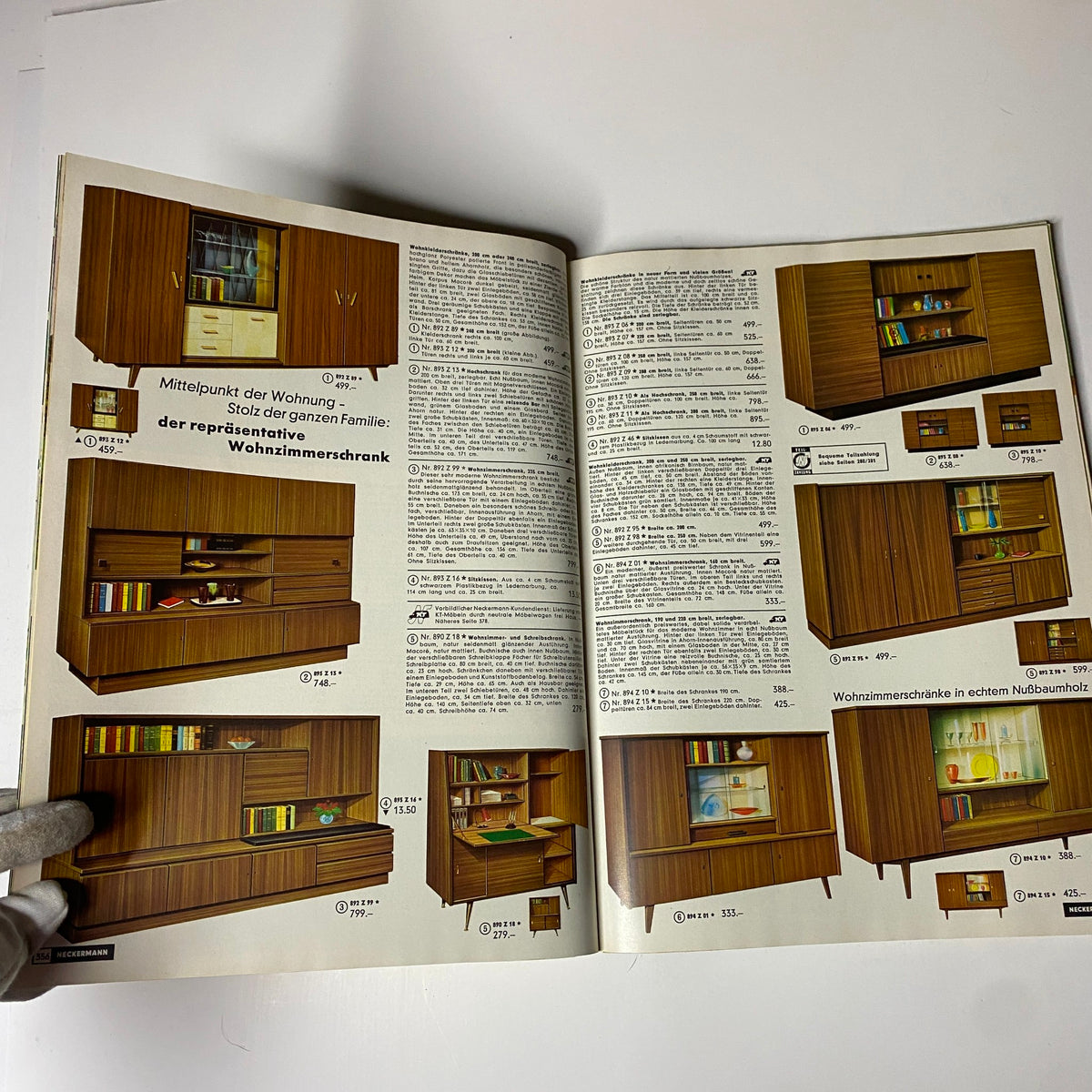 1965 Neckermann Summer Catalog page showcasing vintage wooden furniture designs, including various living room cabinet styles and prices.
