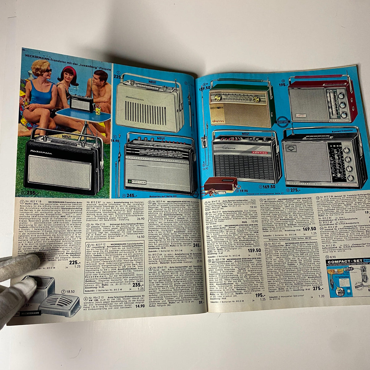 1965 Neckermann Summer Catalog page displaying portable radios and sound systems with pricing information, capturing retro audio technology.