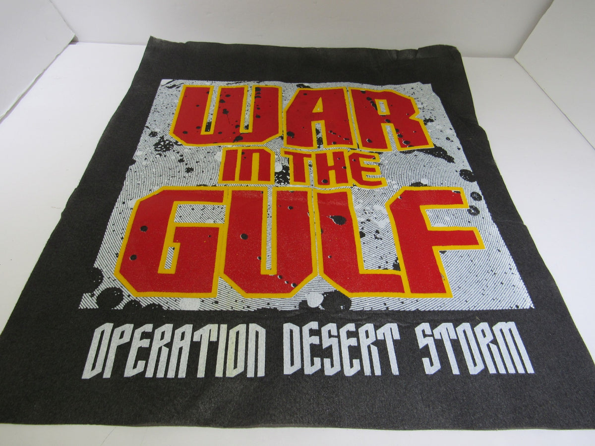 Vintage 90's War in The Gulf: Operation Desert Storm banner design featuring bold red text on a black background, measuring 16" x 18½", highlighting historic military themes and serving as a unique collectible.