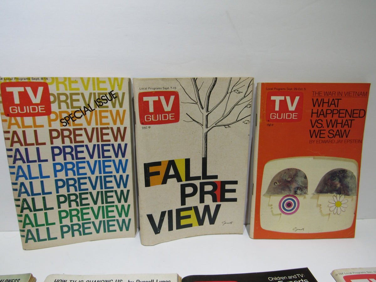 Close-up of three TV Guide Magazines showcasing Fall Preview editions. Highlights the special issues, detailing entertainment content relevant to the 1970s.