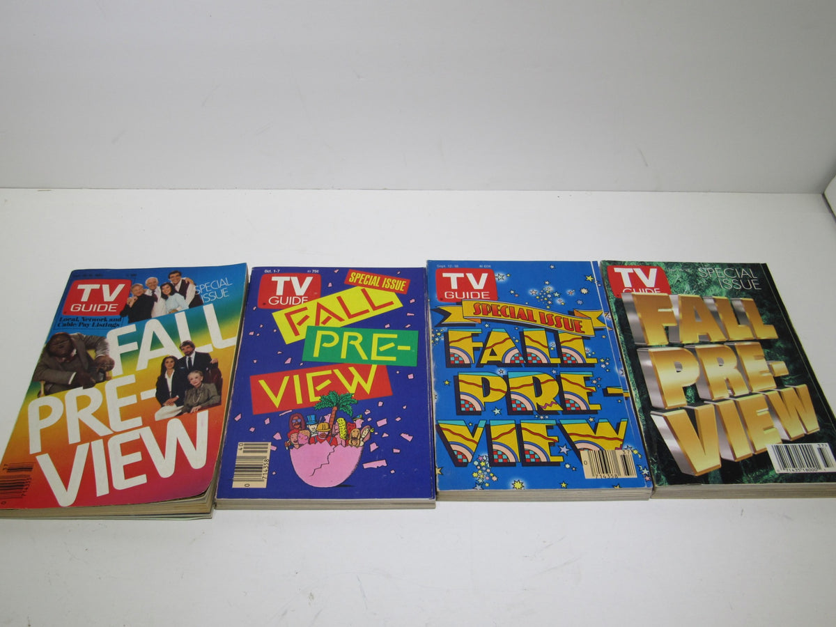Lot of 15 TV Guide Magazines - 1983 to 1998 Fall Preview, highlighting four covers of vintage magazines with colorful graphics and TV personalities.
