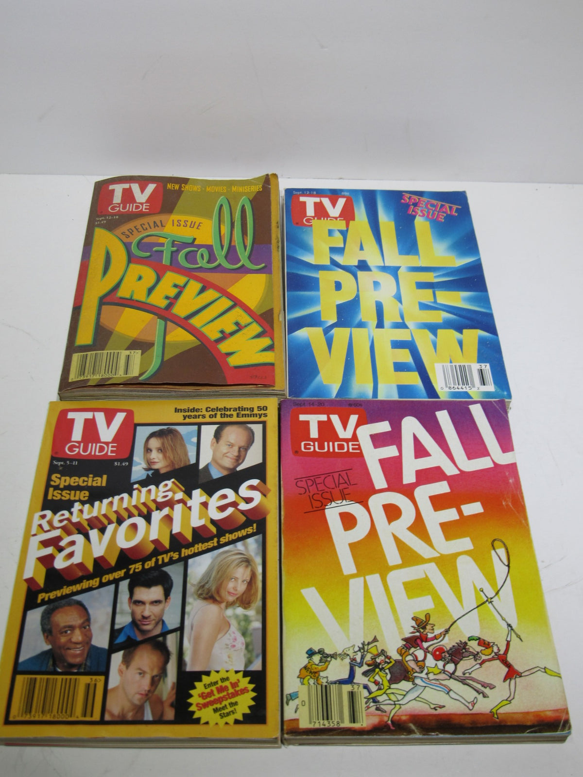 Lot of 15 TV Guide Magazines - 1983 to 1998 Fall Preview, featuring four issues with iconic Fall Preview artwork and notable television series.