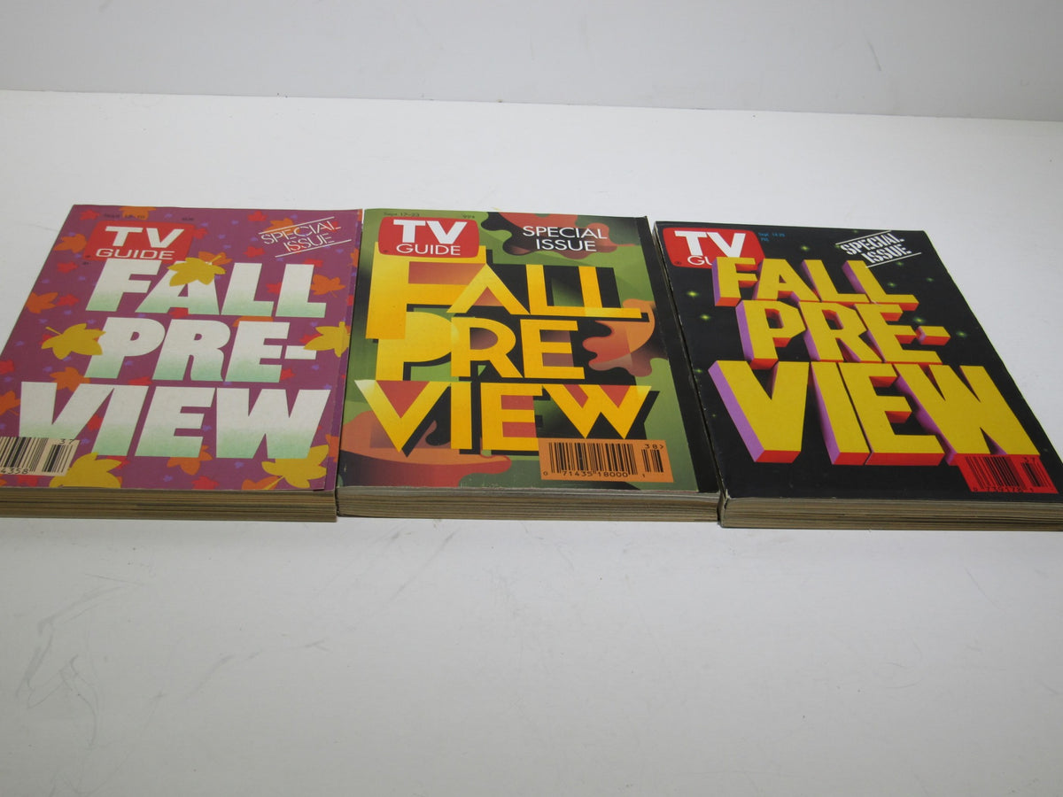 Lot of 15 TV Guide Magazines - 1983 to 1998 Fall Preview, featuring colorful covers with bold 'Fall Preview' text, showcasing vintage television culture.