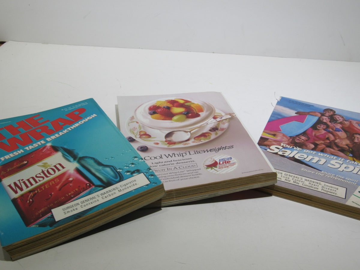 Lot of 15 TV Guide Magazines - 1983 to 1998 Fall Preview, displaying a layout of vintage magazine ads including 'The Wrap' and 'Cool Whip Liteweights', reflecting entertainment and advertising from the 1980s and 1990s.