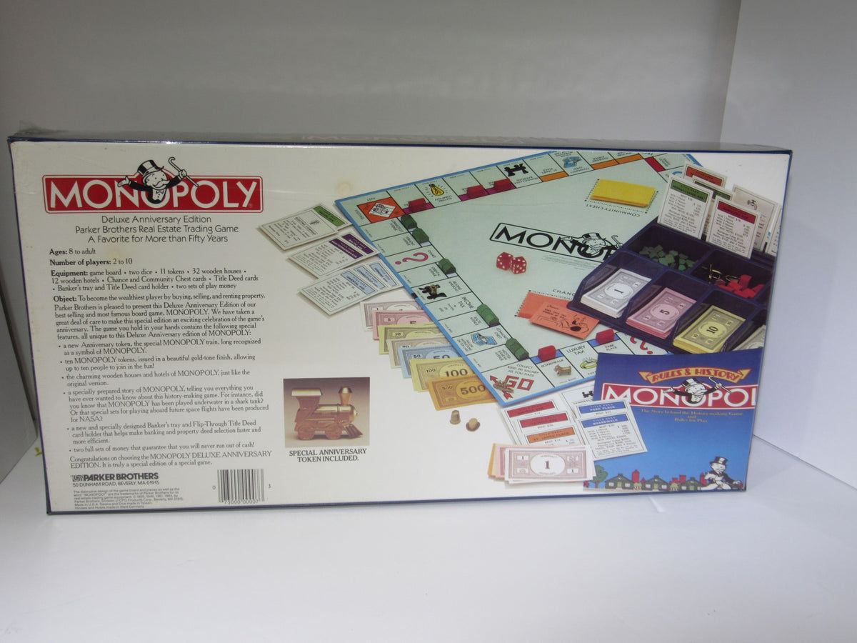 Back cover of the NEW 1985 PARKER BROTHERS MONOPOLY FAMILY GAME DELUXE ANNIVERSARY EDITION showing game components, player information, and product details.