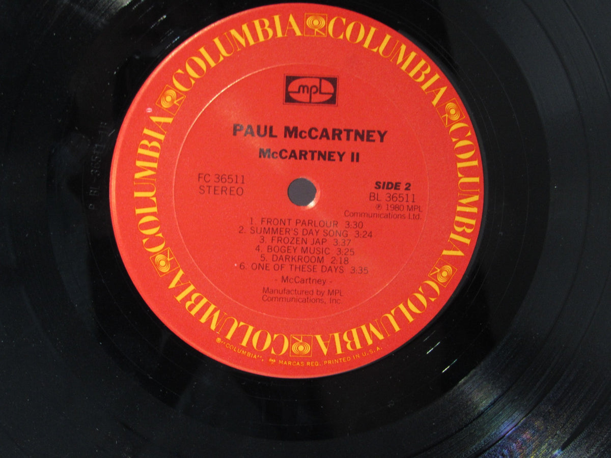 Close-up of the label on Side 2 of the 1980 Paul McCartney: McCartney II LP FC 36511, featuring track list and details.