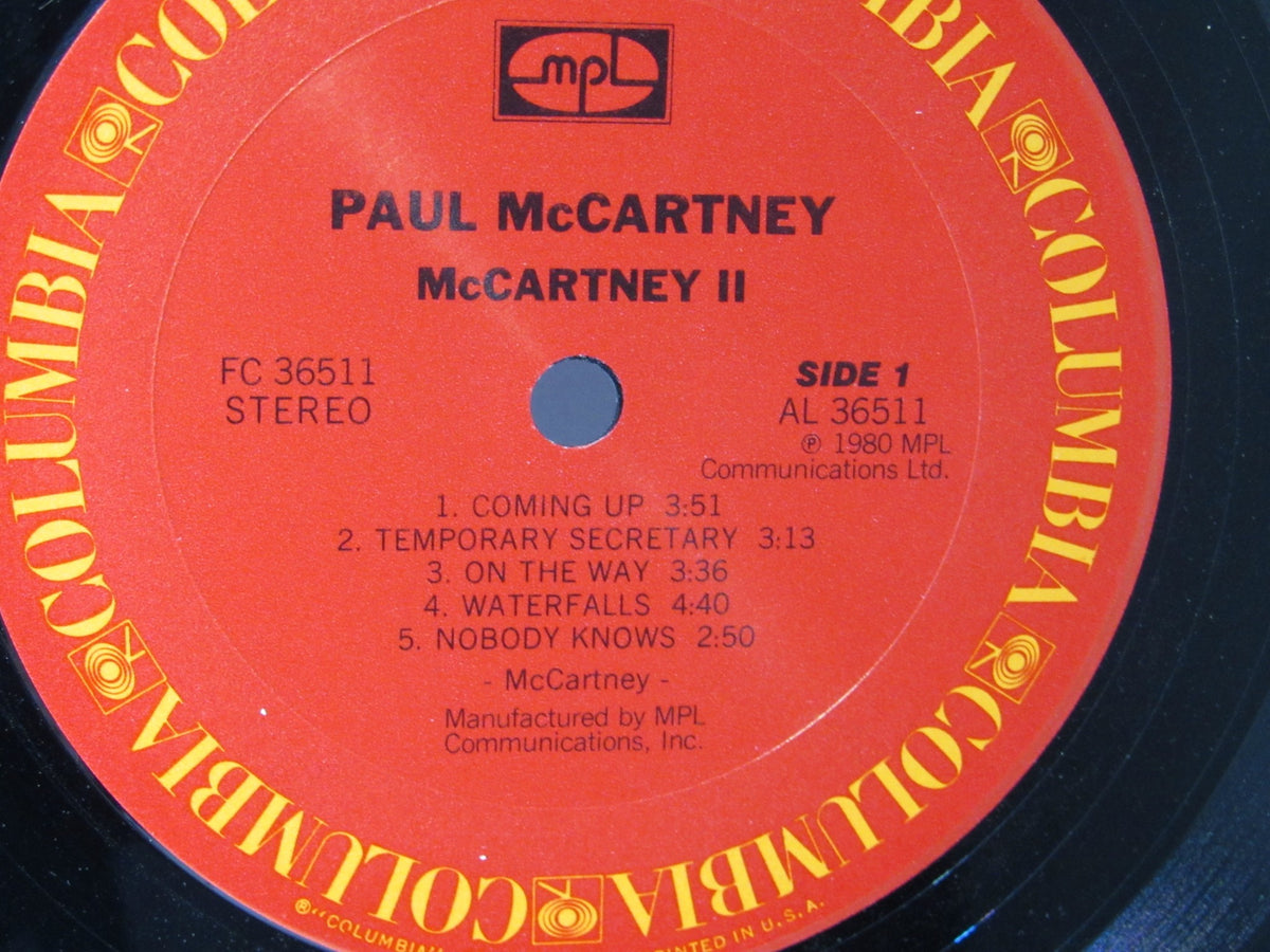 Label on Side 1 of the 1980 Paul McCartney: McCartney II LP AL 36511, highlighting song titles and manufacturing details.