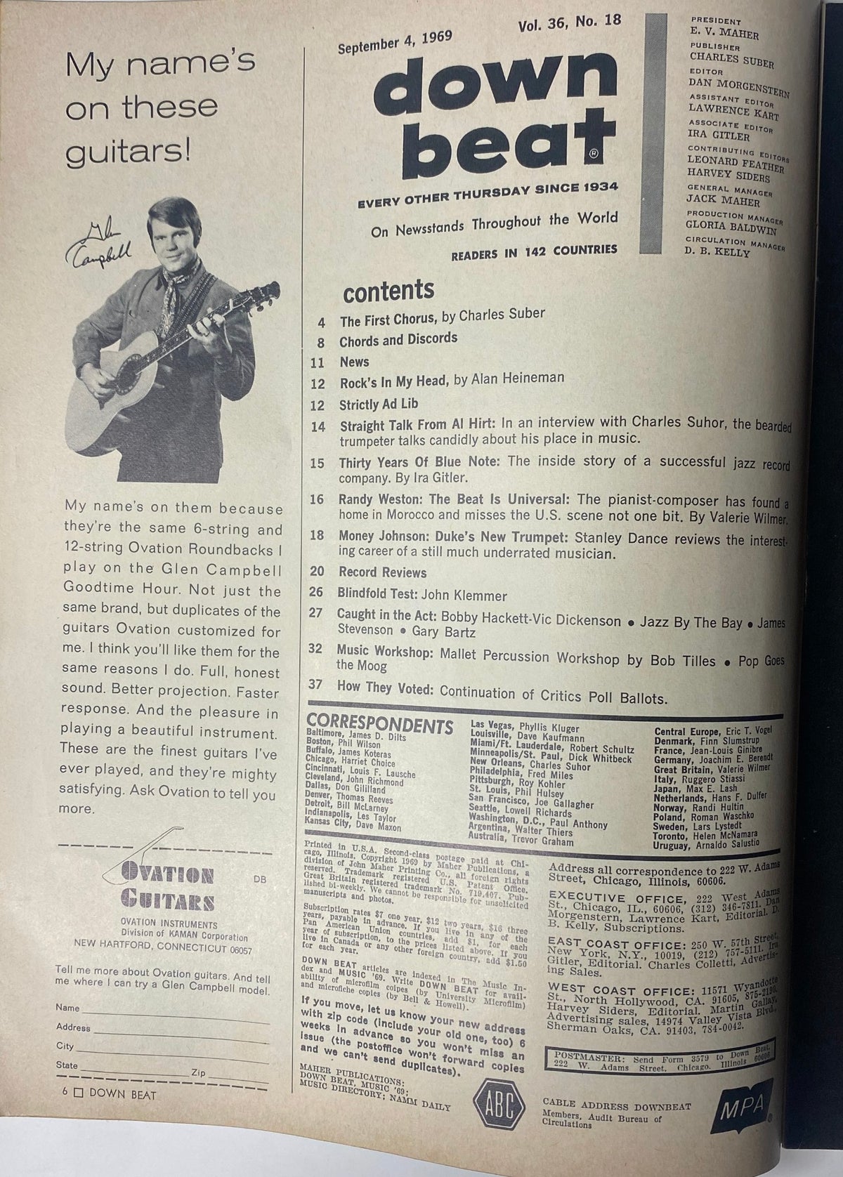 Down Beat Magazine September 4, 1969 Vol 36 No. 18 featuring Al Hirt on the cover, showcasing articles and reviews about jazz music, including an interview with Al Hirt and highlights from Blue Note Records.