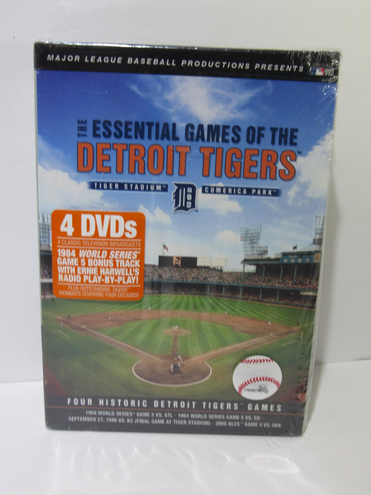 Essential Games Of The Detroit Tigers (2010) DVD box set showing images of Tiger Stadium and Comerica Park with a description of the contents on the packaging.