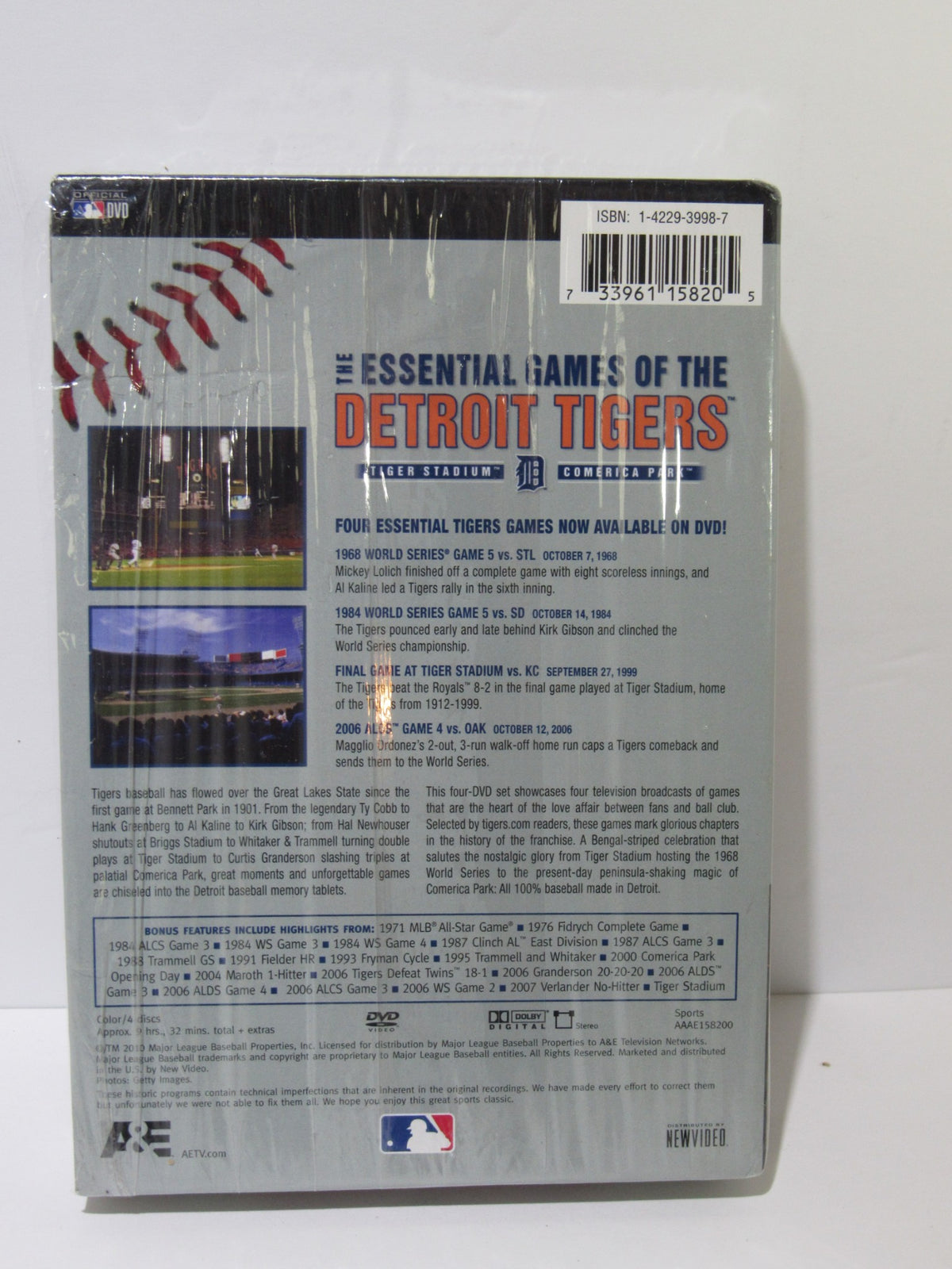 Back cover of the Essential Games Of The Detroit Tigers (2010) DVD box set detailing the historic games included and additional information about the DVD.