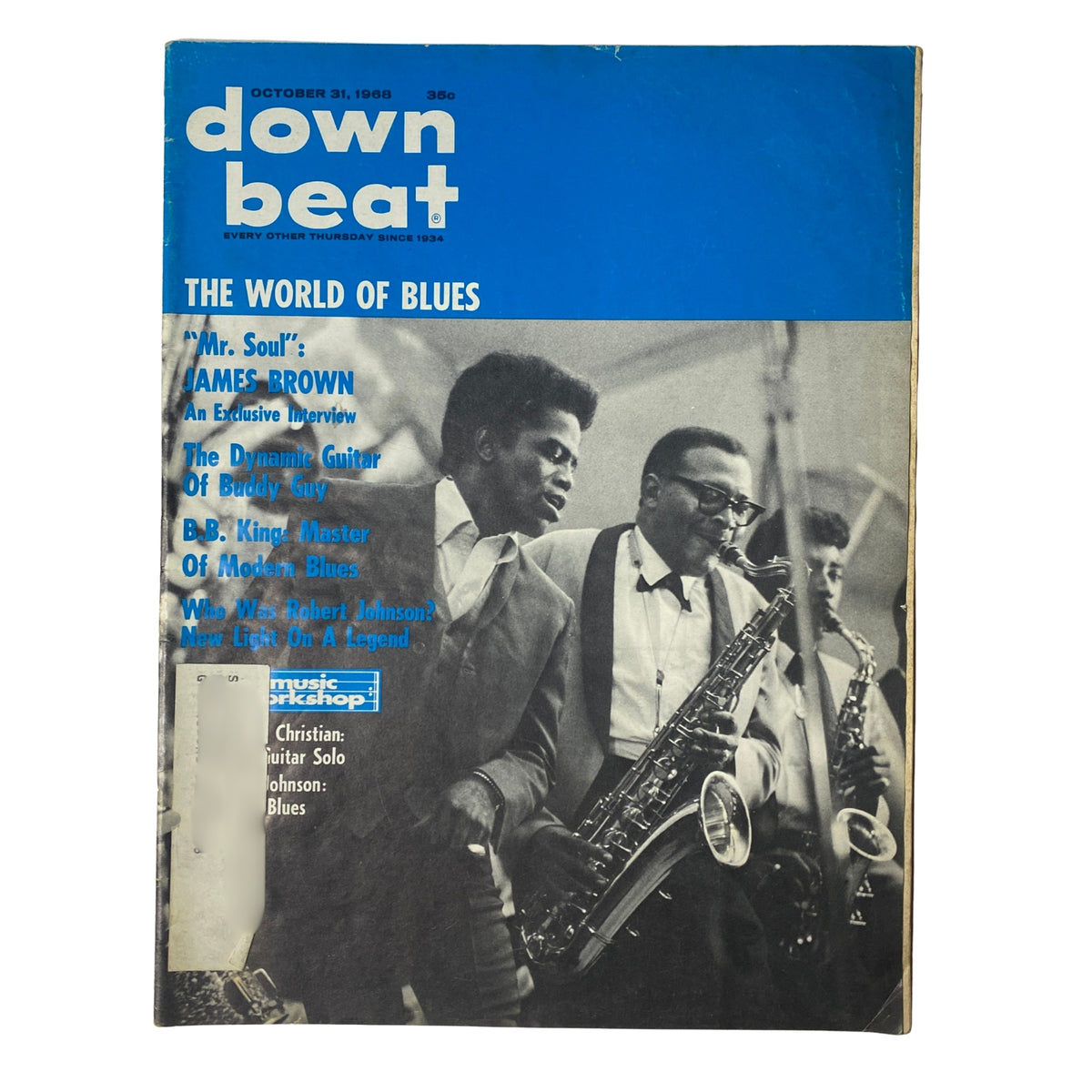 Cover of Down Beat Magazine October 31, 1968 Vol 35 No. 22 featuring James Brown, showcasing a vintage music scene with musicians and instruments. The issue includes features on James Brown and B.B. King.
