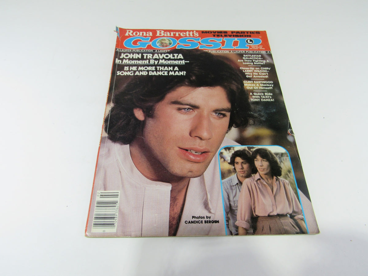 Vintage Rona Barrett's Gossip February 1979 magazine cover featuring John Travolta, showcasing celebrity interviews and stories.