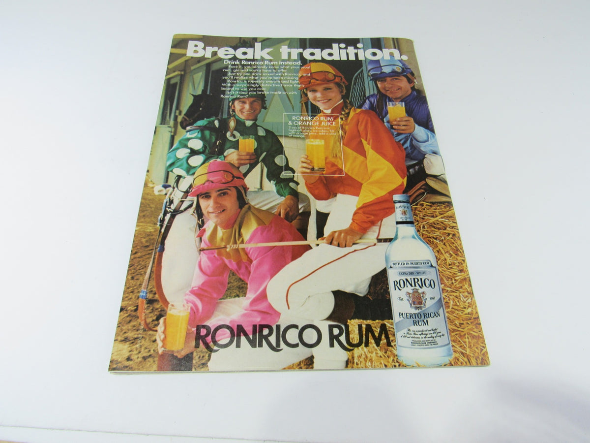 Vintage advertisement for Ronrico Rum, featuring jockeys in colorful attire and promoting the brand with the slogan 'Break tradition.'
