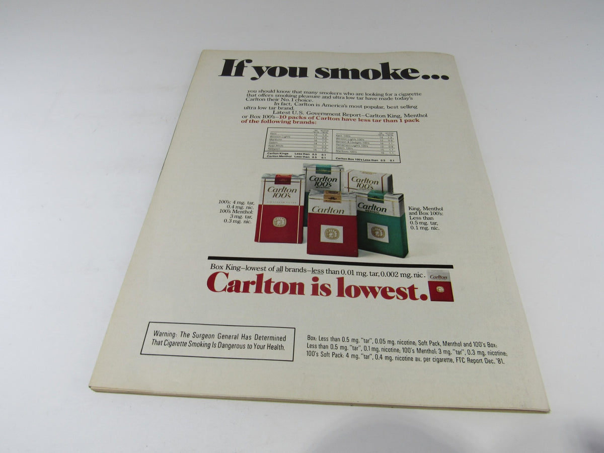 Back cover of Vintage People Magazine April 4, 1983, featuring an advertisement for Carlton cigarettes with health warning.