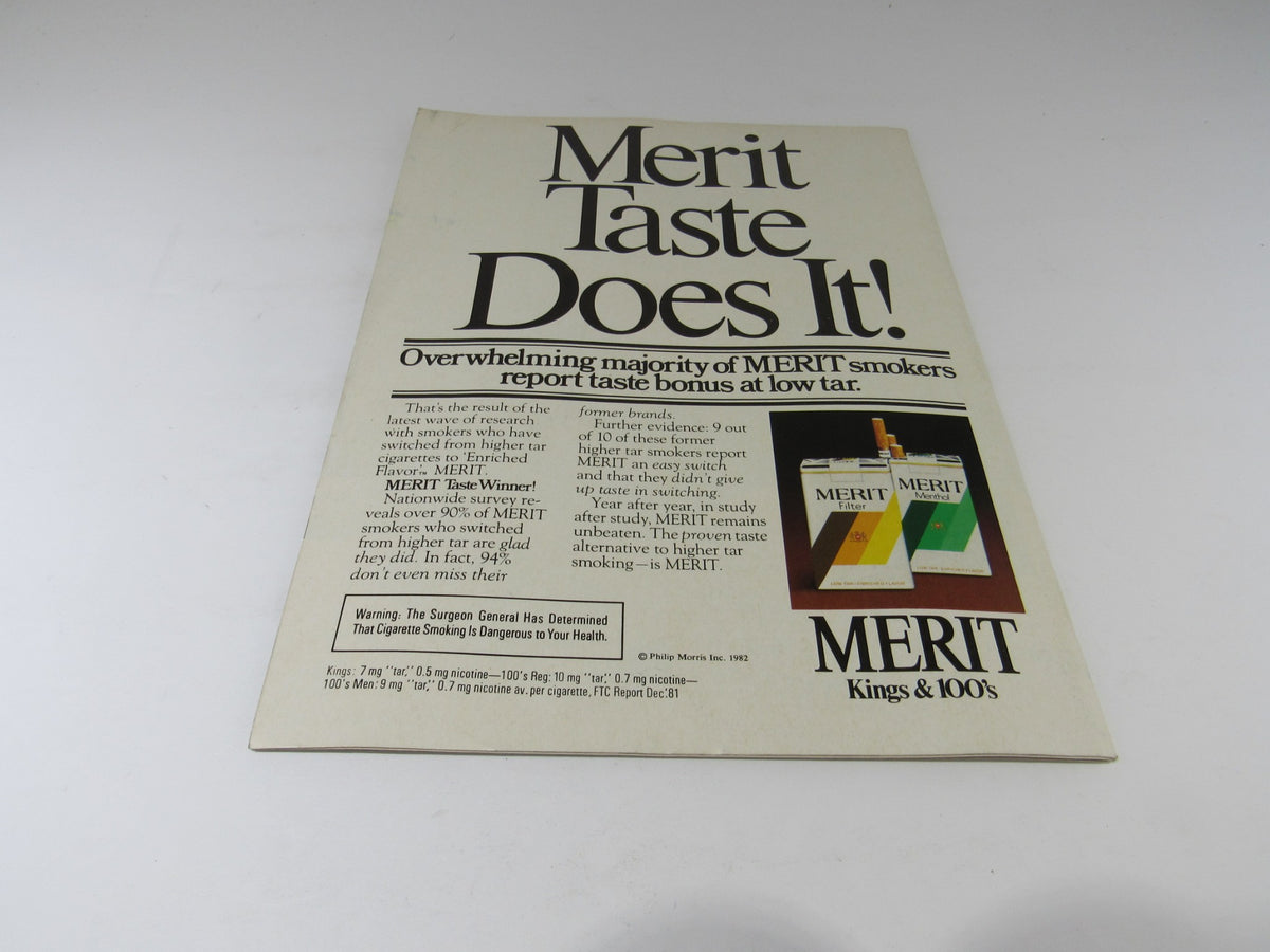 Back cover of a vintage advertisement for Merit cigarettes, emphasizing their taste advantages and appealing to former smokers. The item is associated with the VTG US Magazine July 20, 1982.