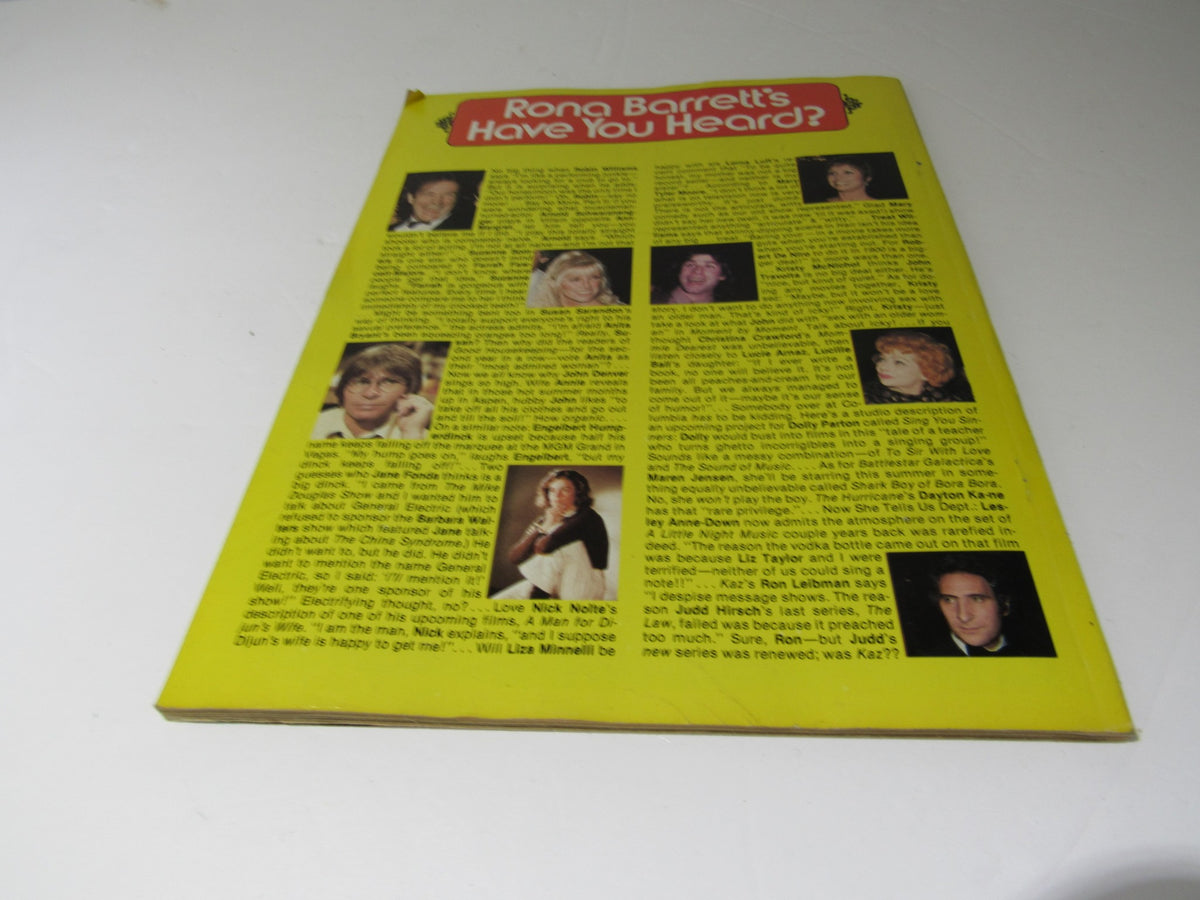 Back cover of VTG Rona Barrett's Hollywood magazine from August 1979, highlighting entertainment news and notable figures in the industry.